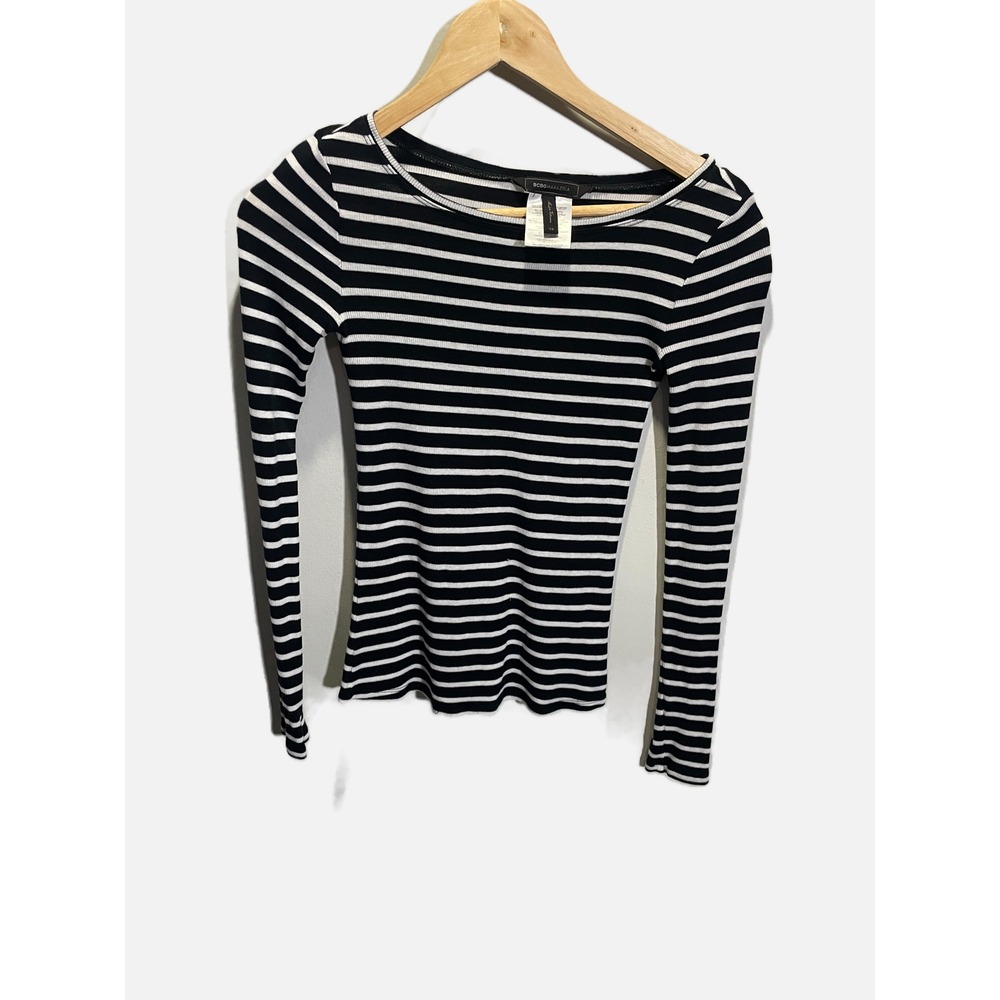 BCBGMAXAZRIA Striped Top Womens XS Black White Ribbed‎ Knit Long Sleeve Casual
